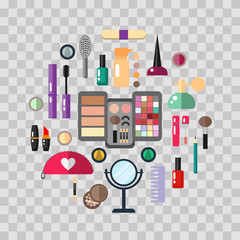 Beauty store with cosmetic objects mascara, gloss, eyeshadow, lipstick, cream, blush, perfume. Make-up objects. Vector flat illustrations make up cosmetic on transparent background.