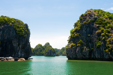 A view of Halong bay shot from a boat in the water