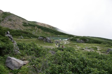 Fototapeta na wymiar 日本の白山を登る登山者