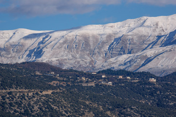 Amazing winter Landscape of Lake Pamvotida and Pindus mountain from city of Ioannina, Epirus, Greece