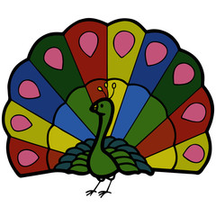 Cute peacock cartoon illustration isolated on white background for children color book