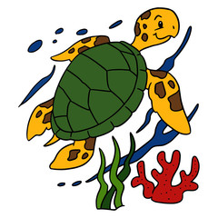 Cute turtle cartoon illustration isolated on white background for children color book