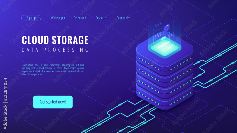 Poster isometric cloud storage data processing landing page concept. collection and manipulation, recording