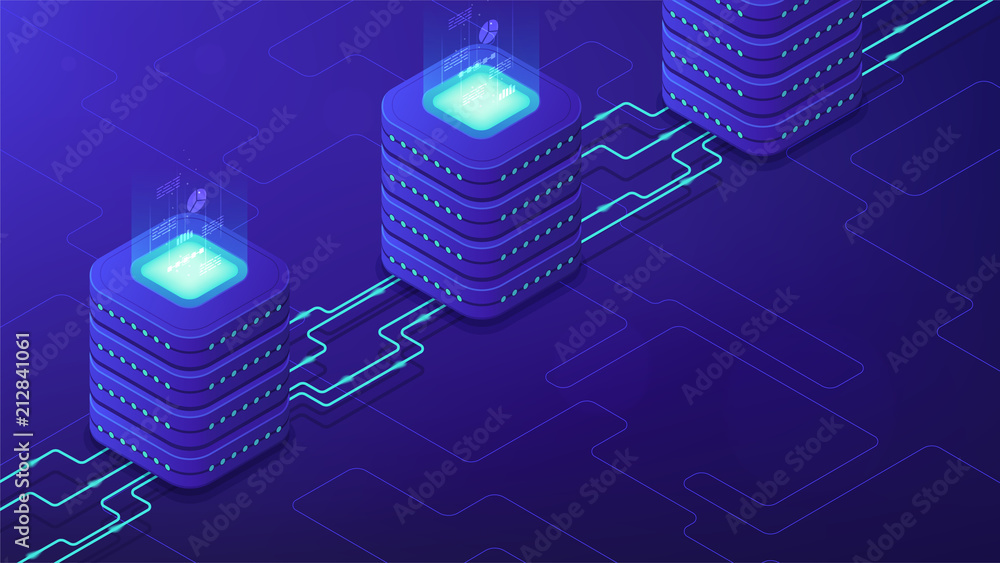 Poster isometric server-side processing concept. dns, data tables, paging, searching, ordering, sql engine,