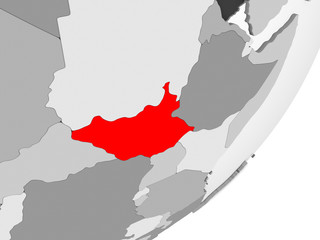 Fototapeta premium South Sudan in red on grey map
