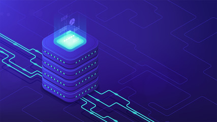 Isometric data center architecture concept. Dataflow, database engine design, parallel computing framework, equipment of data center facility on blue background. Vector 3d isometric illustration.
