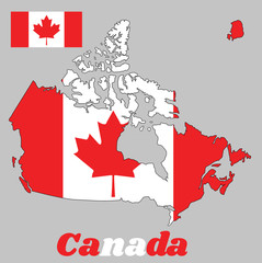 Map outline of Canada, a vertical triband of red and white with the red maple leaf on the center, with text Canada.