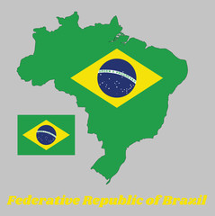 Map outline of Brazil, a green field with the large yellow diamond and blue globe with National Motto and star, text Federative Republic of Brazil.