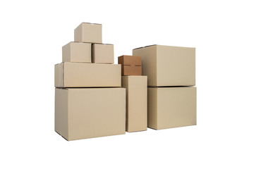 Cardboard Boxes in different sizes stacked boxes isolated on white backgrouns