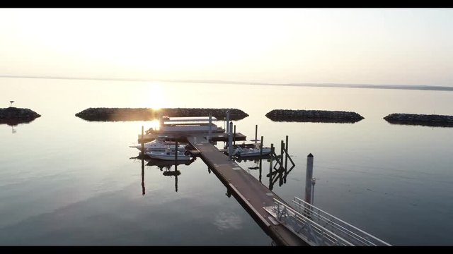 Aerial footage over a dock.