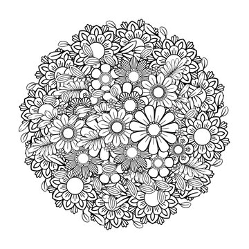 Adult coloring page with flowers pattern. Black and white doodle wreath. Floral mandala. Bouquet line art vector illustration isolated on white background. Round design element