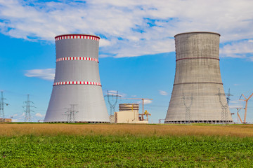 Cooling towers of the nuclear power plant which is under construction in Belarus