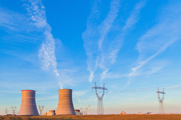 Cooling towers of the nuclear power plant which is under construction in Belarus