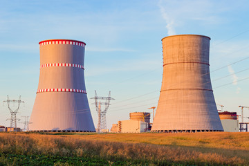 Cooling towers of the nuclear power plant which is under construction in Belarus