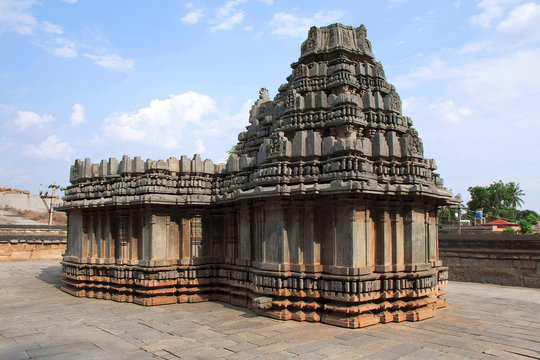 Kirtimukha relief on vesara shikhara, tower over shrine at Akkana Basadi in Shravanabelagola, Sravanabelgola, Karnataka.