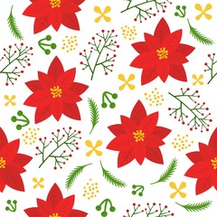 Christmas floral seamless pattern, flat design for use as background, wrapping paper or  wallpaper gift