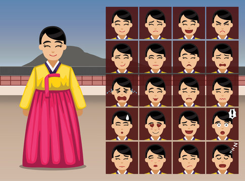 Korean Woman Cartoon Emotion faces Vector Illustration