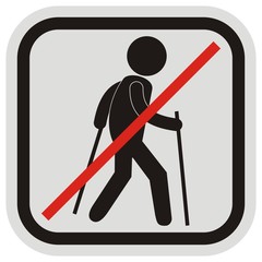 prohibition of walking with sticks, black vector icon, silhouette of person at gray and black frame, web icon