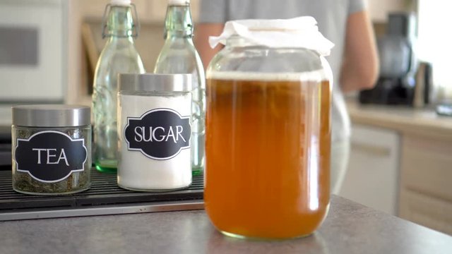 Camera pans across the kitchen and stops while female hands put a large jar of kombucha tea on the counter