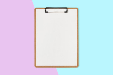 Clipboard with white sheet on pastel color background, Minimal concept