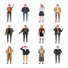 autumn fashion man and woman characters flat design style vector graphic illustration set
