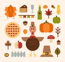 autumn thanks giving day icons flat design style vector graphic illustration set