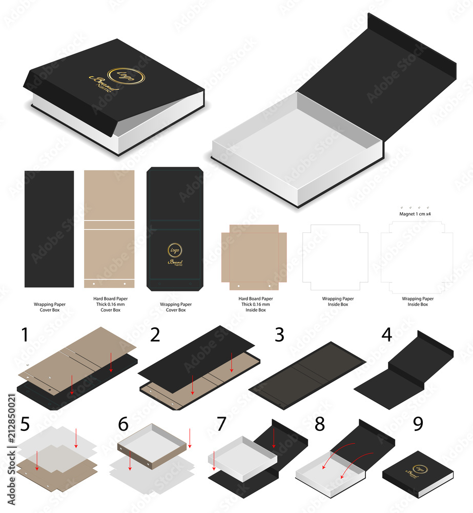 Canvas Prints rigid magnet box template 3d mockup with dieline