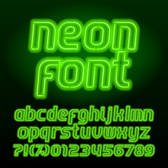 Neon lamp alphabet font. Neon color lowercase letters, numbers and symbols. Stock vector typeface for any typography design.