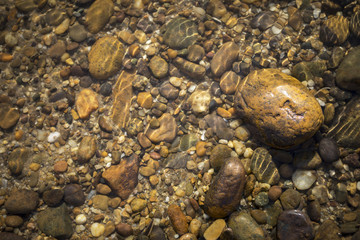 Natural concept background of river stone under crystal clear water, outdoor day light