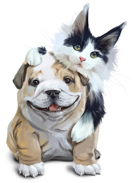 Fluffy cat embracing French bulldog. Watercolor drawing
