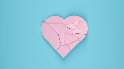 shattered pink heart on blue background pastel colors 3D render