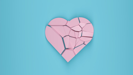 shattered pink heart on blue background pastel colors 3D render