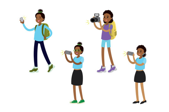 African american girls making photos and selfies on various gadgets
