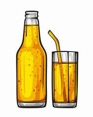 Vector colorful illustration glass of soda with straw and glass bottle filled with yellow beverage. Sparkling water, drink 1.1