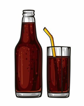 Vector colorful illustration glass of soda with straw and glass bottle filled with dark red beverage. Sparkling water, drink 1.1