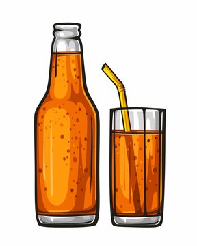 Vector colorful illustration glass of soda with straw and glass bottle filled with orange beverage. Sparkling water, drink 1.1