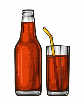 Vector colorful illustration glass of soda with straw and glass bottle filled with red beverage. Sparkling water, drink 1.1