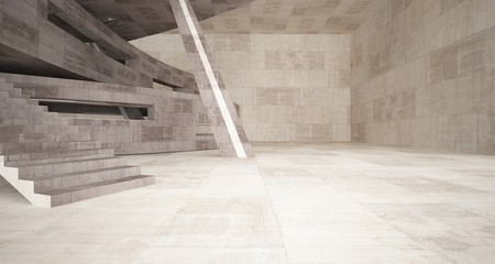 Abstract white and concrete interior  with glossy white lines. 3D illustration and rendering.