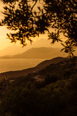 Beautiful view from the hill overlooking the sea and mountains, Albania, the Ionian Sea. Sunset