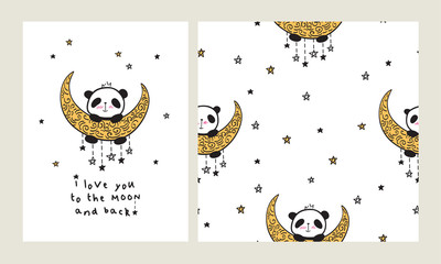 I love you to the moon and back. Set of Greeting card with heart and cute pandas on the moon. Seamless pattern for gift wrap, textile or book covers, wallpapers and scrapbook. Vector.