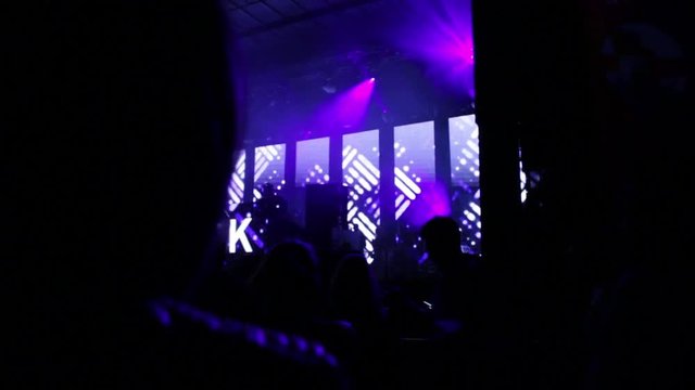 Silhouettes of people dancing in front of a stage, lit by flashing, scanning stage lights and LCD displays with dancing patterns and letters.
