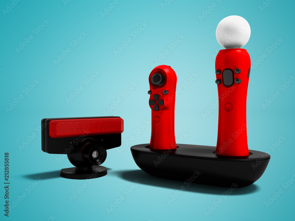 Poster modern red joysticks navigational and black camera for game console 3d render on blue background wit