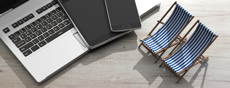 Deck chairs and electronic devices on wooden bckground, banner. 3d illustration