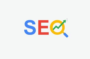 SEO (search engine optimization) minimal flat logo with magnifying glass, arrow and cursor symbol. multi color design. - obrazy, fototapety, plakaty
