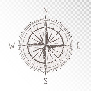 Vector illustration with a vintage textured compass or wind rose and grunge texture elements on transparent background. With basic directions North, East, South and West.