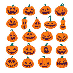 Set of Halloween scary pumpkins. Flat style spooky creepy pumpkins