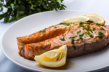 Salmon slice with a lemon and green parsley