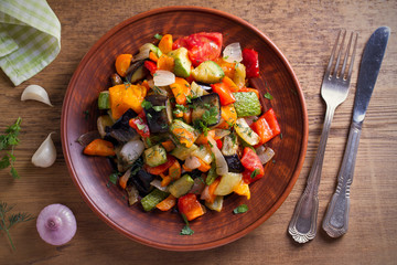 Vegetable stew: eggplant, pepper, tomato, zucchini, carrot and onion. Stewed vegetables salad....