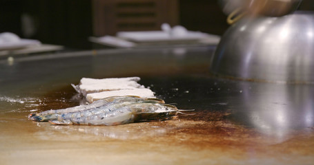 Teppanyaki in Taiwan restaurant, grilling seafood and meat