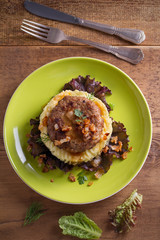 Delicious burger or patty with mashed potato on lettuce, served with salty caramelized onion. overhead, vertical